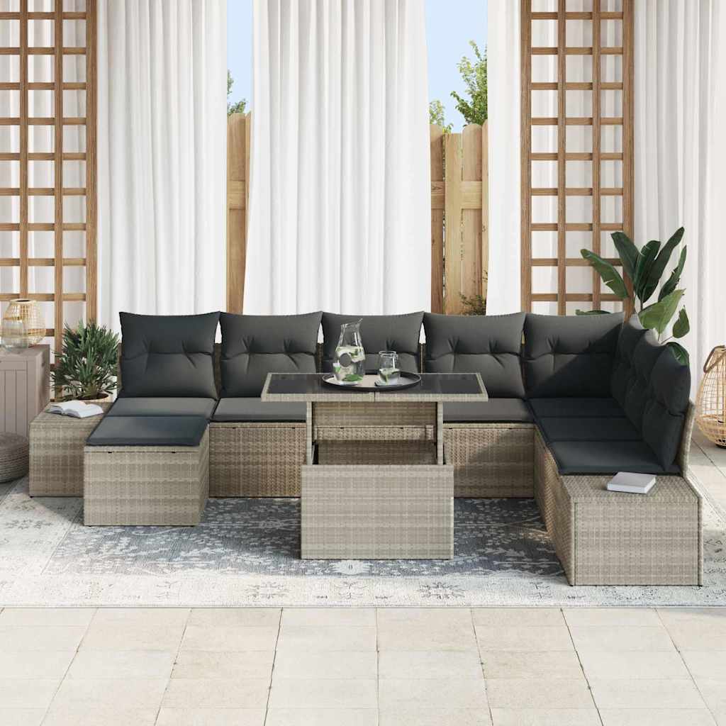 Garten-Sofa-Set mit Speicher 9 pcs Hellgrau Poly Rattan
